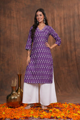Regal Elegance Purple Block Print Cotton  Kurti -Lavender Dream Beautifully Crafted